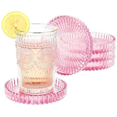 Imagem de Pacote com 5 porta-copos de vidro transparente para bebidas, porta-copos de cristal redondo com borda de contas, decoração de mesa de centro para restaurante, bar, cozinha, mesa de jantar (rosa)