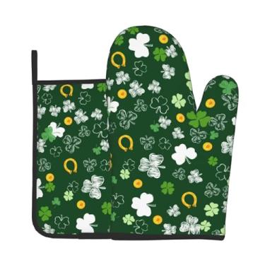 Imagem de Conjunto de luvas de forno e suportes de panela St.Patrick's Greeng Gold Clover, resistentes ao calor, antiderrapantes, folhas de trevo de mola, almofadas quentes, pegadores de panela, conjunto de 2