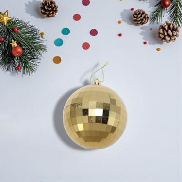 Imagem de Generic 1 bola de Natal com enfeite de bola de Natal quadriculada com laço de plástico dourado brilhante, 8 cm