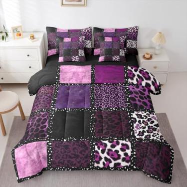 Imagem de Conjunto de cama casal com estampa de leopardo rosa, 7 peças, textura de pele de animal, conjunto de cama geométrica de patchwork, inclui edredom, conjunto de lençol, fronhas e fronhas, decoração de