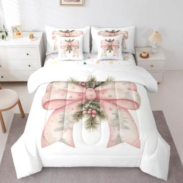 Imagem de Erosebridal Conjunto de cama King com laço rosa e laço kawaii, nó borboleta kawaii, conjunto de cama de árvore de Natal com lençóis, princesa rosa com 2 fronhas e 2 fronhas