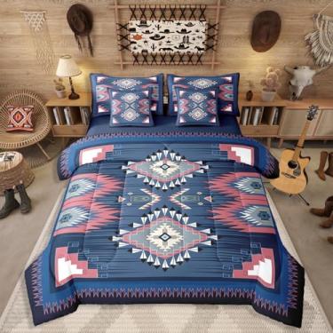 Imagem de Erosebridal Conjunto de cama casal, boêmio, 7 peças, rústico, ocidental, para crianças, adolescentes, adultos, azul escuro, boêmio, asteca, conjunto com lençol geométrico, nativo americano