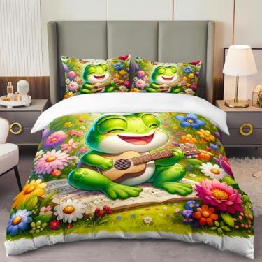 Imagem de AILONEN Conjunto de capa de edredom de sapo de guitarra verde engraçado, tamanho king, animais e plantas, para decoração de quarto de crianças, meninas, capa de edredom com borboletas anfíbias
