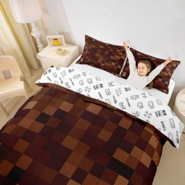 Imagem de Manfei Conjunto de capa de edredom infantil Miners Pixel Checked, tamanho casal, jogo de cama quadriculado para meninas e meninos, decoração de quarto de gamepad, marrom escuro, 2 fronhas (sem edredom