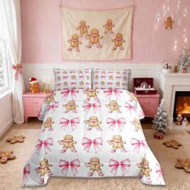 Imagem de Conjunto de edredom masculino de gengibre, tamanho solteiro, fofo, com laço e Natal, decoração de quarto de menino e menina, edredom de desenho animado feliz natal, rosa, branco e amarelo, 1 fronha