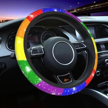 Imagem de Capa de volante com bandeira do orgulho gay, 38 cm, universal, neoprene, arco-íris, para mulheres, homens, envoltório de volante, acessórios de proteção interior de carro, antiderrapante, carros