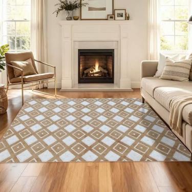 Imagem de Inlume Tapete lavável antiderrapante resistente a manchas para sala de estar, quarto, sala de jantar, escritório, sob a mesa, padrão jacquard 12,2 x 17,8 cm, quadrado, marrom, branco