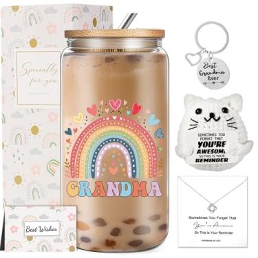 Imagem de Ideias de presentes de avó para mulheres, caixa de presente de Natal para avó com copo de vidro, colar, conjuntos de presentes de aniversário de ação de graças para vovó