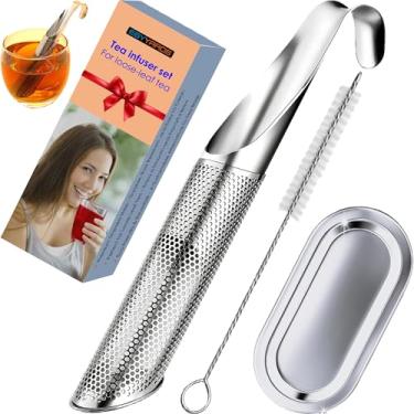 Imagem de EGYYARDS Infusor de chá de aço inoxidável para chá de folhas soltas e ervas - Coador de chá de metal de malha fina com gancho para pendurar, pincel e bandeja coletora - difusor e filtro de chá