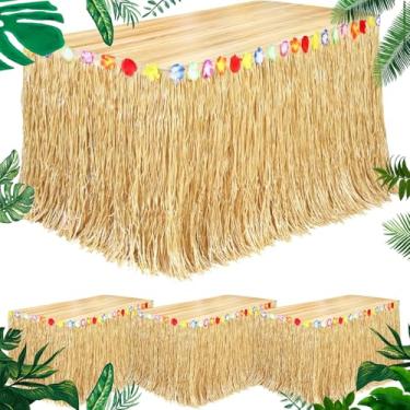 Imagem de Pacote com 4 saias de mesa de grama Luau Natural 2,5 x 75 cm, saia de mesa havaiana para decorações de festa havaiana tropical, festa à fantasia, amarelo palha