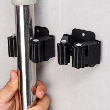 Imagem de 2 peças de suporte de vassoura e esfregão, organizador de ferramentas de jardim resistente, ancinho e alça de pá, gancho de esfregão de aço inoxidável, rack utilitário montado na parede com parafusos