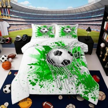 Imagem de Erosebridal Conjunto de edredom de futebol, tamanho solteiro, preto, branco, futebol, para meninos, meninas, crianças, adolescentes, bola, esportes, jogos, edredom com tinta verde, pinceladas