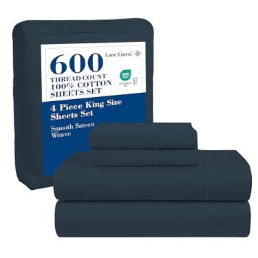 Imagem de LANE LINEN Lençóis 100% algodão king size – lençóis de cama king size 600 fios, tecido de cetim sedoso luxuoso de hotel, durável para uso durante todo o ano, bolso profundo de 38 cm totalmente