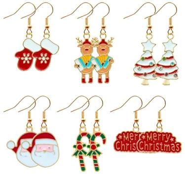 Imagem de Caviquen 6 pares de brincos de Natal, brincos pendentes de Natal, brincos de Natal para mulheres, meias de rena de Natal, presente de chapéu de árvore, muletas, joias fofas, suprimentos de festa para