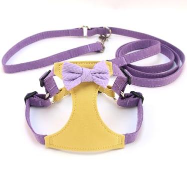 Imagem de Peitoral para cães com coleira e gravata borboleta, colete macio para cães, sem puxar, sem asfixia, à prova de escape, fácil de caminhar, amarelo e roxo, M