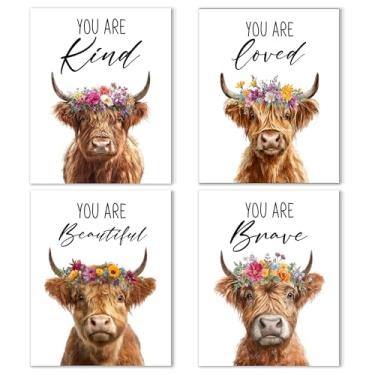 Imagem de Noaleviax Conjunto de pôster de parede Highland Cow - decoração de parede com tema inspirador ocidental, imagens motivacionais de vaca Highland para quarto, sala de aula, dormitório, decoração de casa