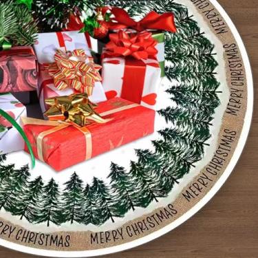 Imagem de Saia de árvore de Natal branca marrom verde para decoração de árvore de Natal, saias de árvore de 91 cm para árvores finas, floco de neve, padrão de floresta de pinheiros, tapete redondo para árvore