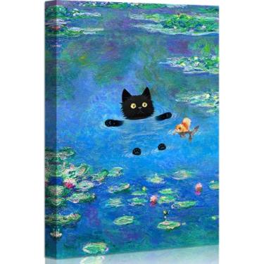 Imagem de Arte de parede de gato pintura de gato Monets gato preto na lagoa de lírio d'água decoração de parede em tela emoldurada pintura a óleo gato arte de parede para sala de estar quarto 12x18 polegadas