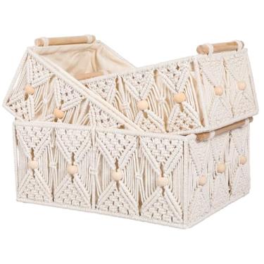 Imagem de ANMINY 3 cestos de armazenamento de macramê para organizar cestas de decoração boho, caixas de armazenamento com alças de madeira e contas, caixas de armazenamento decorativas feitas à mão com forro