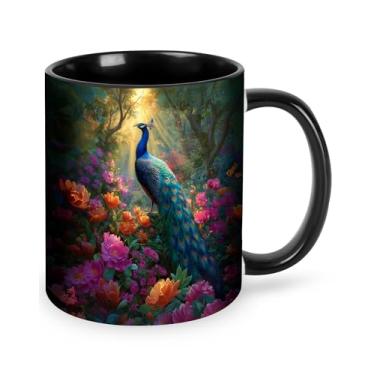 Imagem de Yrebyou Caneca de café pavão novidade xícara de café de cerâmica 325 ml com alça presentes para mulheres e homens seguro para micro-ondas para casa ou escritório