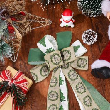 Imagem de AnyDesign Guirlanda de Feliz Natal com laço verde para árvore de Natal com fio laço de tecido para decoração interna e externa, 28 x 51 cm
