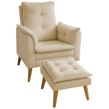 Imagem de Poltrona Conforto Amamentação Linho Premium Bege com Mini Puff