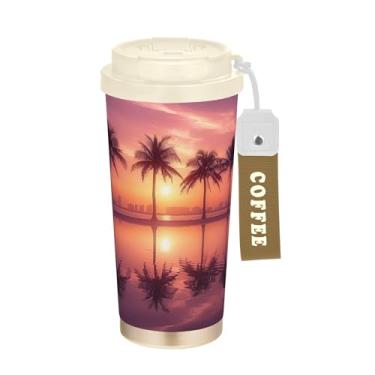 Imagem de SEHANY Caneca de viagem com palmeira de verão, 482 g, copos de café reutilizáveis revestidos de cerâmica com tampa à prova de vazamento, parede dupla, isolamento a vácuo, copo de café de aço