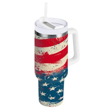 Imagem de xigua Copo American Star Flag de 850 g com tampa e canudo, aço inoxidável de vácuo duplo isolado garrafa de água esportiva suporte para copo de café de viagem à prova de vazamento para bebida gelada