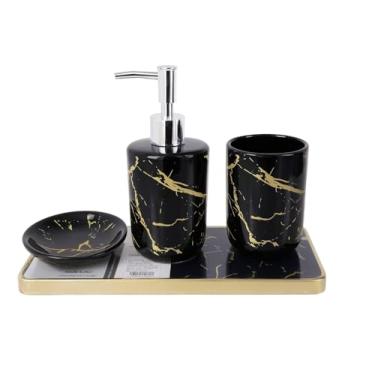 Imagem de Kit Banheiro 4 Peças em Cerâmica Mármore Preto e Dourado, Dispenser, Porta Escova e Saboneteira com Bandeja