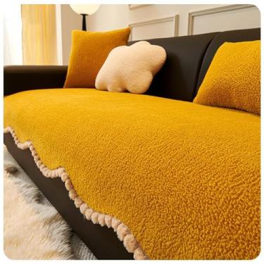 Imagem de HGTRH Capa de veludo para sofá de 3 lugares conversível em forma de L, capas de sofá laváveis, capa de sofá de 3 lugares, lavável, 2, 3, 4, capa de sofá, 2 almofadas, borda amarela 110 x 110