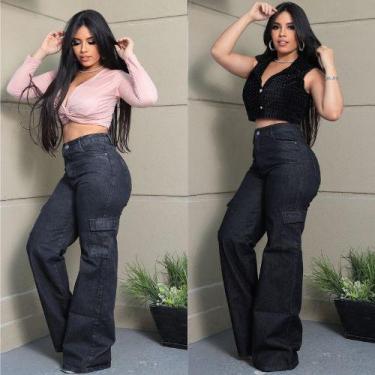 Imagem de Calça Wide leg Cargo bolso do lado, Feminina Jeans , Pantalona Cintura