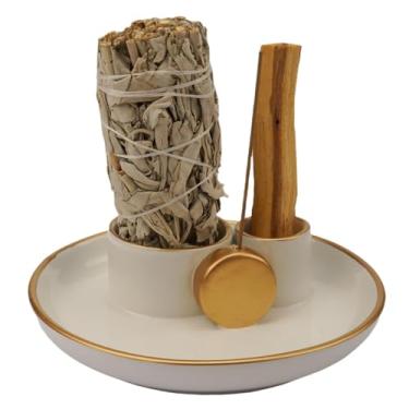 Imagem de Fancy Lemon Suporte de incenso 4 em 1, bastão de incenso de cerâmica e suporte Palo Santo, suporte de sálvia para queimar - Bandeja coletora de cinzas de cerâmica de 14 cm para sala de meditação e