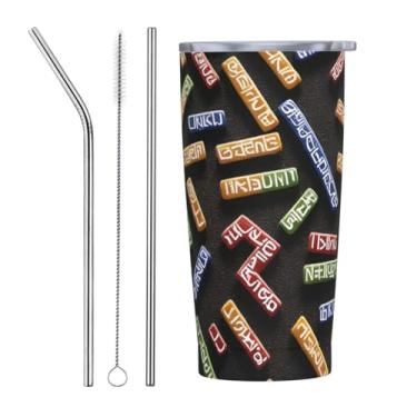 Imagem de Zeraoke Caneca de aço inoxidável com tampa de canudo de 590 ml com estampa de barra em formato de runa, caneca de canudo de carro, mantém as bebidas frias para escritório, casa, funciona muito bem