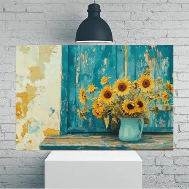 Imagem de Arte de parede rústica em tela rústica vintage girassol rústico - Pôster sem moldura de 30 x 45 cm - Ideia de presente para decoração de casa e escritório para sala de estar, quarto, cozinha e café