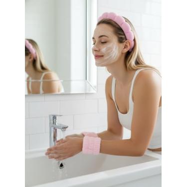 Imagem de Conjunto de 3 pulseiras de spa para lavar o rosto, esponja antiderrapante, maquiagem, cuidados com a pele, faixa de cabeça acolchoada e fofa, rosa