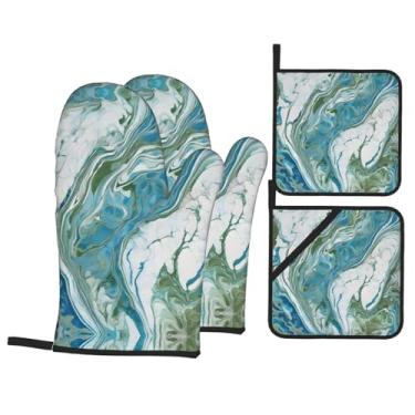 Imagem de Conjunto de luvas de cozinha estampadas em mármore azul-petróleo e dourado com suportes de tampa, luvas de forno resistentes ao calor para lidar com panelas quentes, grelhar, churrascos, kit de 4