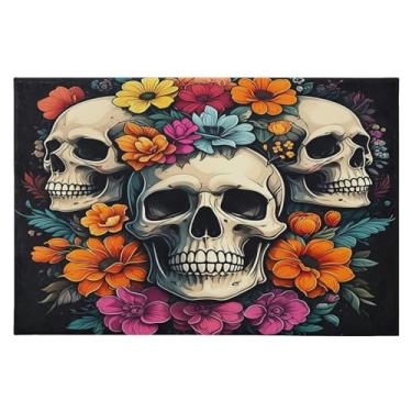 Imagem de CEBUGI Tapete de área 60 x 90 cm, macio, lavável, antiderrapante, com suporte de borracha, caveira, flor, para sala de estar, quarto, decoração de casa