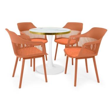 Imagem de Conjunto Mesa de Jantar Redonda Majestic 70cm Branca com 4 Cadeiras Estofadas Marcela - Marrom