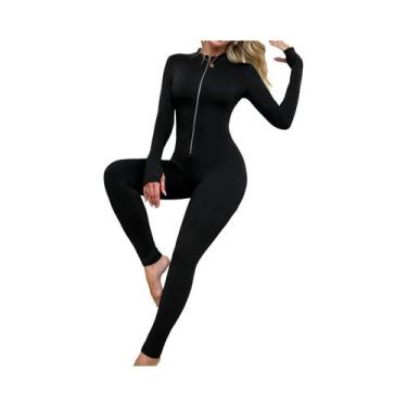 Imagem de Macacão feminino cor sólida manga comprida com zíper cintura emagrecim
