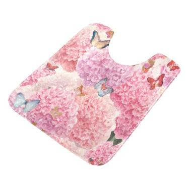 Imagem de Burbuja Tapete de banheiro rosa Hydrengia Butterfles, tapete de banho absorvente de pelúcia macio, base de vaso sanitário antiderrapante para piso de banheiro, oval em forma de U