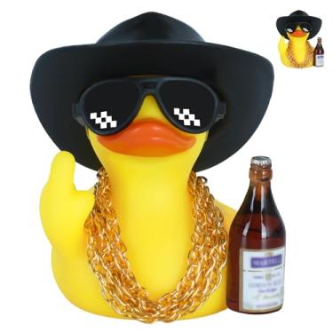 Imagem de FINEED Decoração engraçada de painel de pato de borracha com mini chapéu de caubói, óculos de sol, correntes de ouro e garrafa de bebida - Acessórios de carro para alívio de estresse para adultos