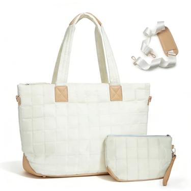 Imagem de VNIMTI Bolsa feminina leve e acolchoada com zíper, bolsa de ombro grande acolchoada para trabalho, viagens, academia, Branco