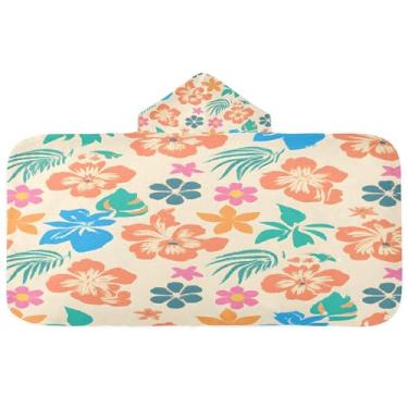Imagem de Burbuja Toalha de banho com capuz de flores de hibisco para crianças, toalha de praia de pelúcia macia absorvente para meninas e meninos 3-10 anos, 61 x 127 cm