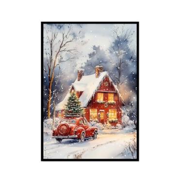 Imagem de Pôster de arte de parede retrô de Natal com estampa de papai noel alce paisagem de inverno imagens de Natal para bar em casa, bar, cozinha, café, loja, decoração de férias (SKU7,16x60 cm), moldura