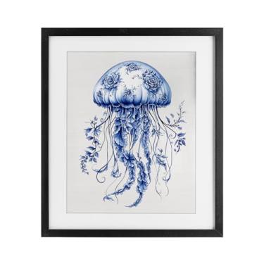 Imagem de Stupell Industries Impressão emoldurada preta Funky Toile Jellyfish sob vidro, design por Lettered and Lined, 16 x 13