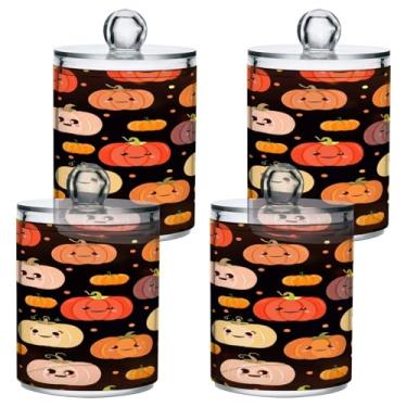 Imagem de STAYTOP 4 frascos de boticário Qtip para banheiro com etiquetas – Recipiente de armazenamento Qtip de plástico transparente para bola de algodão, cotonete, grão de café e abóbora de Halloween