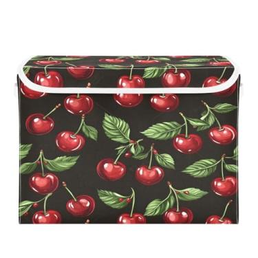 Imagem de CEBUGI Caixotes de armazenamento com tampas, caixa de armazenamento de tecido dobrável, cubos de cereja vermelha, caixas organizadoras para armário de casa e quarto, 40 x 30 x 30 cm