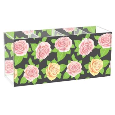 Imagem de Burbuja Porta-canetas de acrílico Roses, 4 compartimentos, suporte de lápis transparente para pincéis de maquiagem fixos, acessórios de mesa de escritório em casa