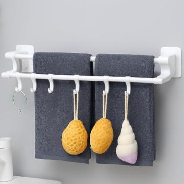 Imagem de Porta Toalha Duplo com Ganchos extras, 40cm, Fixação Adesiva sem Furos, Hastes em Metal, Branco e Preto Disponíveis (BRANCO)