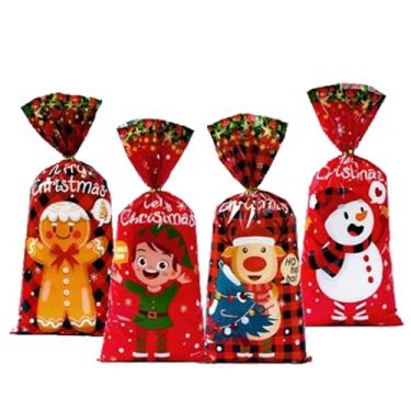 Imagem de 25 unidades de sacos de Natal de celofane com laços dourados torcidos 4 estilos para biscoitos doces